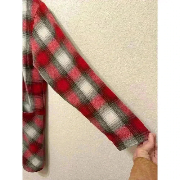 Entro Womens Plaid Flannel Openfront Cardigan Sz M Red White Shacket Lagenlook - Picture 3 of 10
